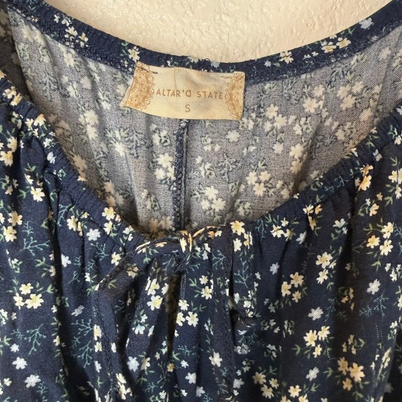 Altar'd State Cottagecore Navy Floral Puff Sleeve Smocked Dress - Picture 2 of 4